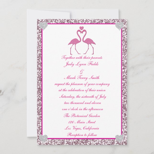 Pink Faux Glitter Flamingo Love Wedding Invitation (Front)