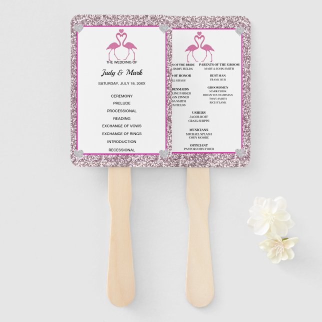 Pink Faux Glitter Flamingo Wedding Program Fans (Front and Back)
