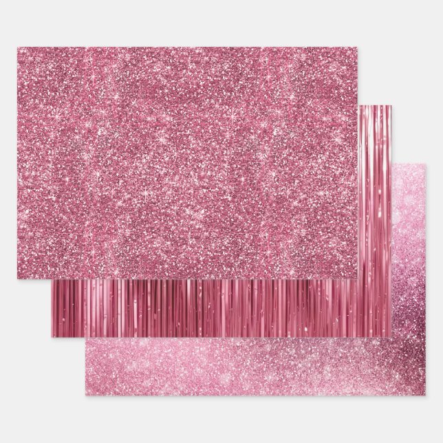 Pink Faux Glitter & Glam Wrapping Paper Sheet (Set)