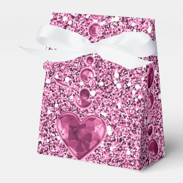 Pink Faux Glitter & Heart Droplets Favor Box (Front Side)
