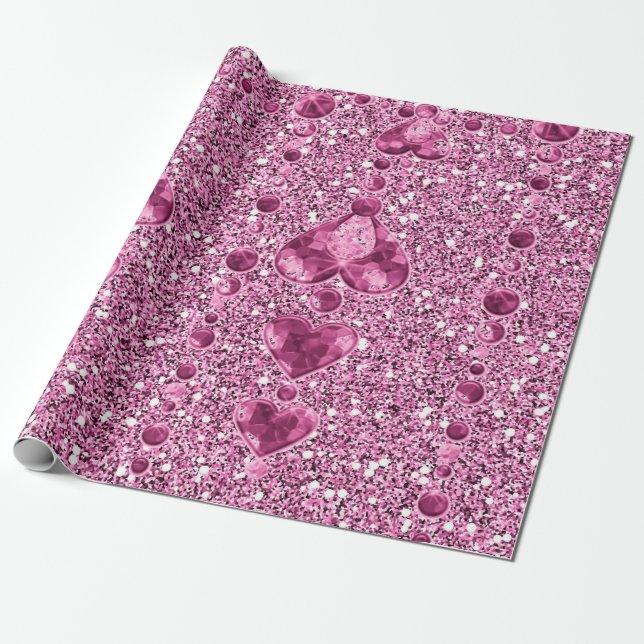Pink Faux Glitter & Heart Droplets Wrapping Paper (Unrolled)