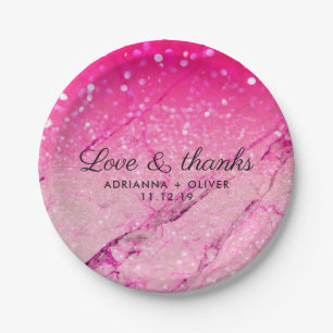 Pink Faux Glitter Marble Pattern Wedding Thank You Paper Plate