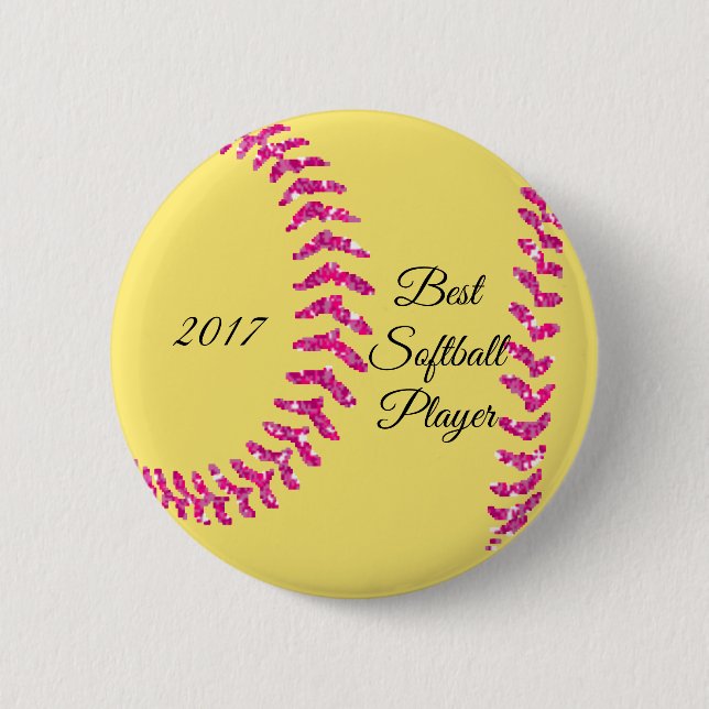 Pink Faux Glitter Softball Stitches 2 Inch Round Button (Front)