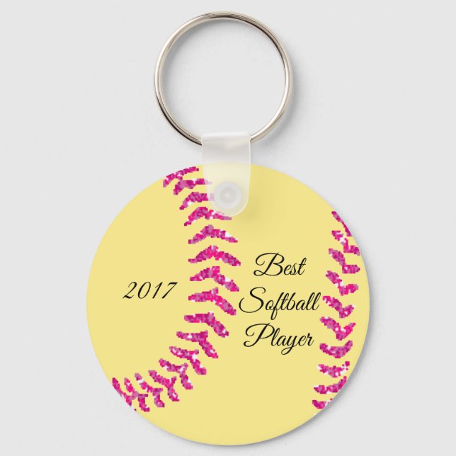 Pink Faux Glitter Softball Stitches Keychain (Front)
