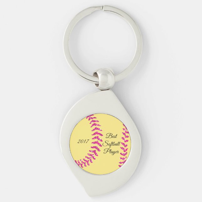 Pink Faux Glitter Softball Stitches Keychain (Front)
