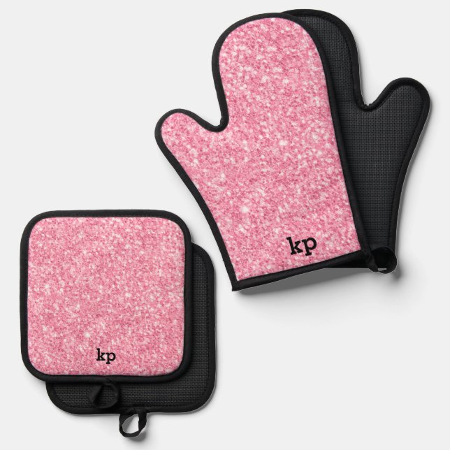 Pink Faux Glitter & Sparkles Monogram Oven Mitt & Pot Holder Set (Front/Back)