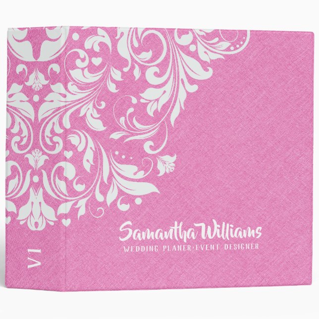Pink Faux Linen Texture & White Floral Swirls Binder (Front/Spine)