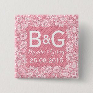 Pink Faux Linen & White Floral Lace Frame 2 Inch Square Button