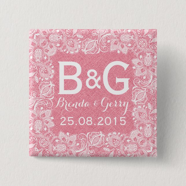 Pink Faux Linen & White Floral Lace Frame 2 Inch Square Button (Front)