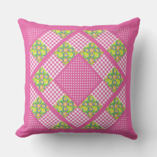 Pink Faux Patchwork, Primroses, Polkas and Gingham Throw Pillow