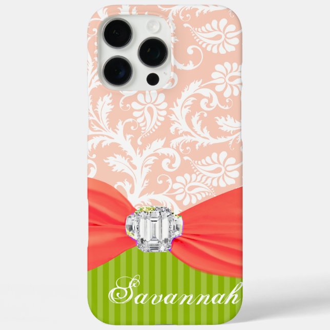 Pink Faux Rhinstone Personalized Damask iPhone Case-Mate iPhone Case (Back)
