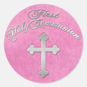 Pink, Faux Silver Cross 1er Sticker Communion