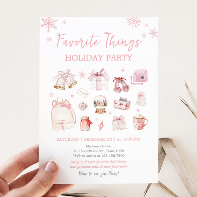 Pink Favourite Things Holiday Christmas Party Invitation (Pink Holiday Favorite Things Christmas Party Invitation)