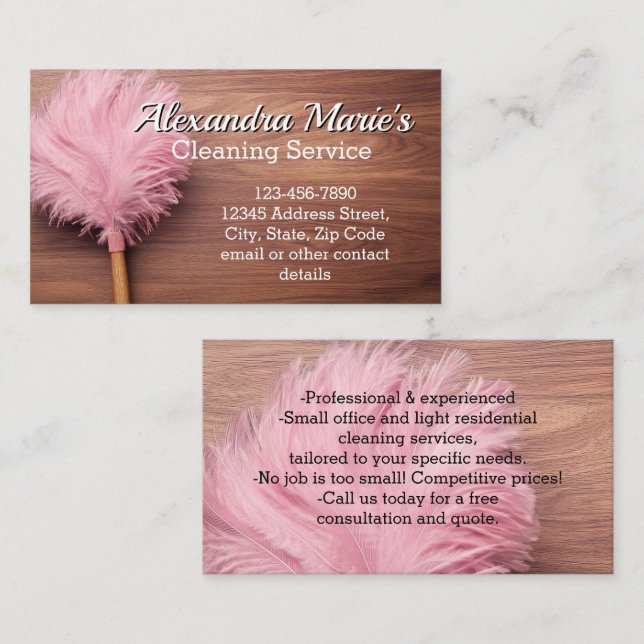 Pink Feather Modern Cleaning Service Housekeeping Business Card (Front/Back)