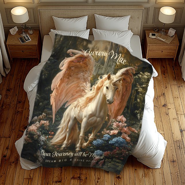 Pink Feathered Unicorn Pegasus Woodland Magic Fleece Blanket (Creator Uploaded)