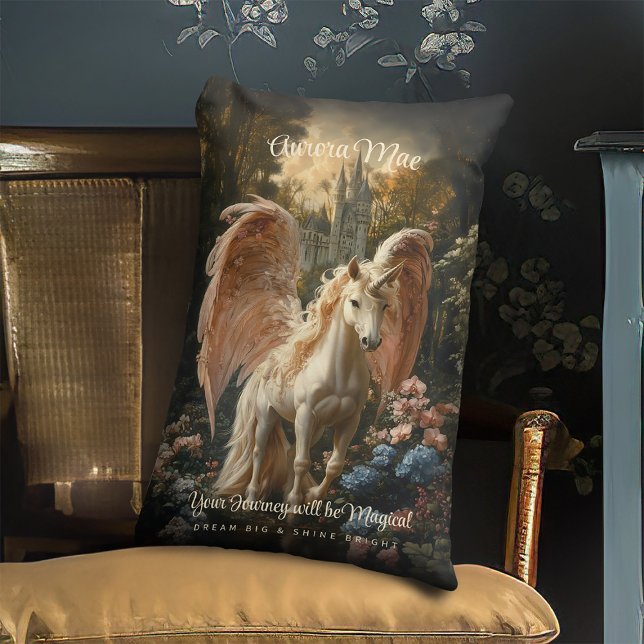 Pink Feathered Unicorn Pegasus Woodland Magic Lumbar Pillow (Creator Uploaded)