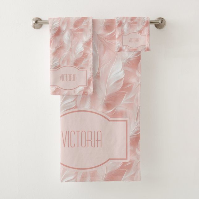 Pink Feathers Delicate White Monogrammed Bath Towel Set (Insitu)