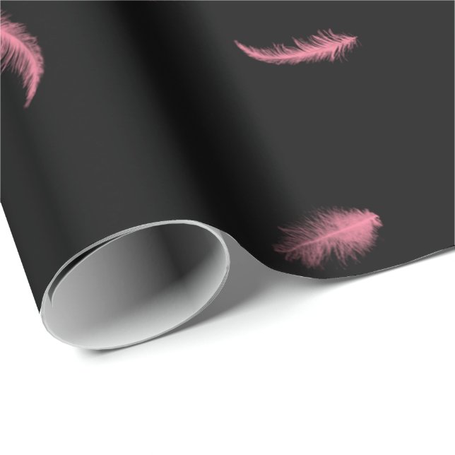 Pink Feathers On Black Wrapping Paper (Roll Corner)