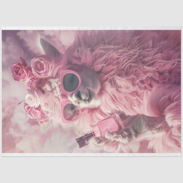  Pink Feathery Llama Decoupage  Tissue Paper (Front)