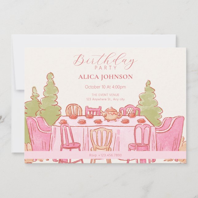 Pink feminine pastel tea party birthday invitation (Front)