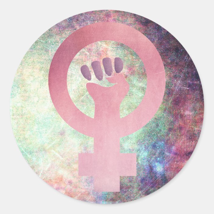 Pink Feminist Symbol on Multicolour Grunge Classic Round Sticker