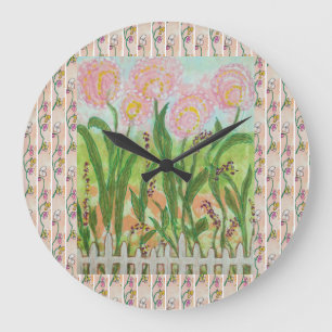 Pink Fenced Flowers Large Clock