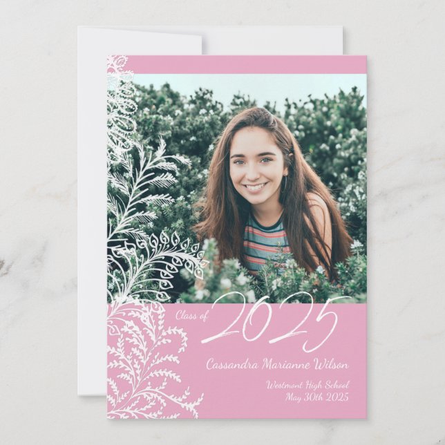 Pink Fern Vintage Photo Graduation Invitation (Front)