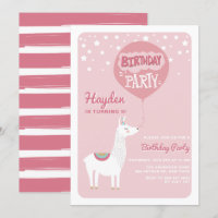 Pink Festive Alpaca Kids Birthday Party Invitation