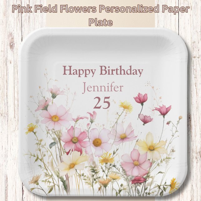 Pink Field Flowers Personalized Paper Plate (Creator Uploaded)