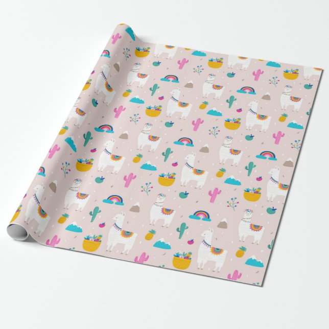 Pink Fiesta Llama Wrapping Paper (Unrolled)