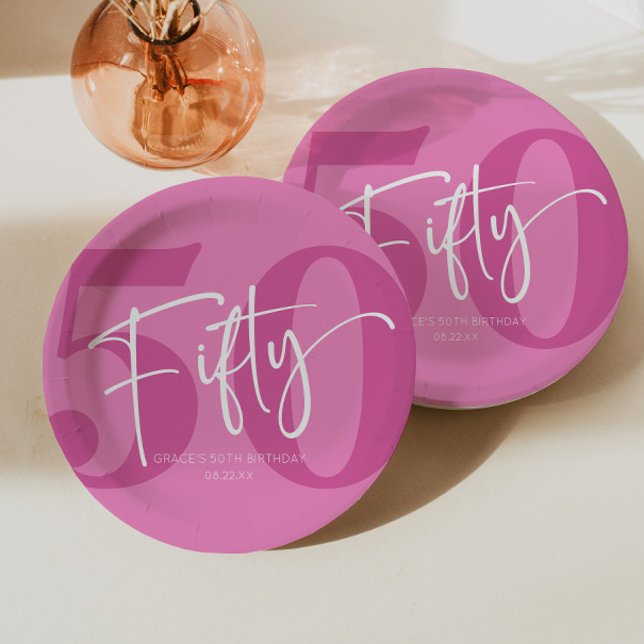 Pink Fifty 50th Fiftieth Birthday Party Paper Plate (Creator Uploaded)