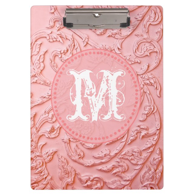 Pink Filigree Wood Monogram Initial Clip Board (Front)