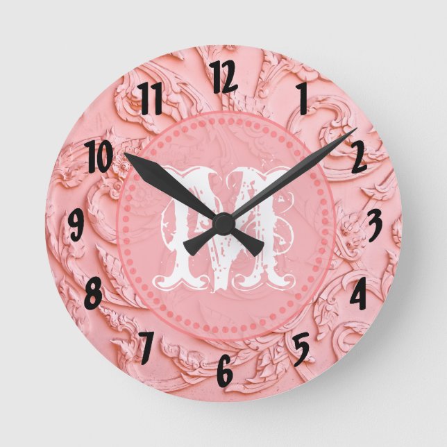 Pink Filigree Wood Monogram Initial Wall Clock (Front)