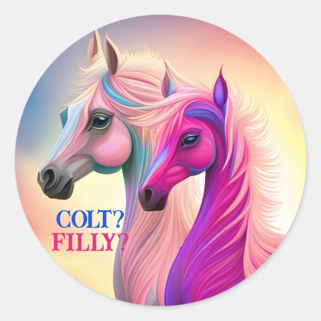 Pink Filly & Blue Colt Western Style Gender Reveal Classic Round Sticker (Front)