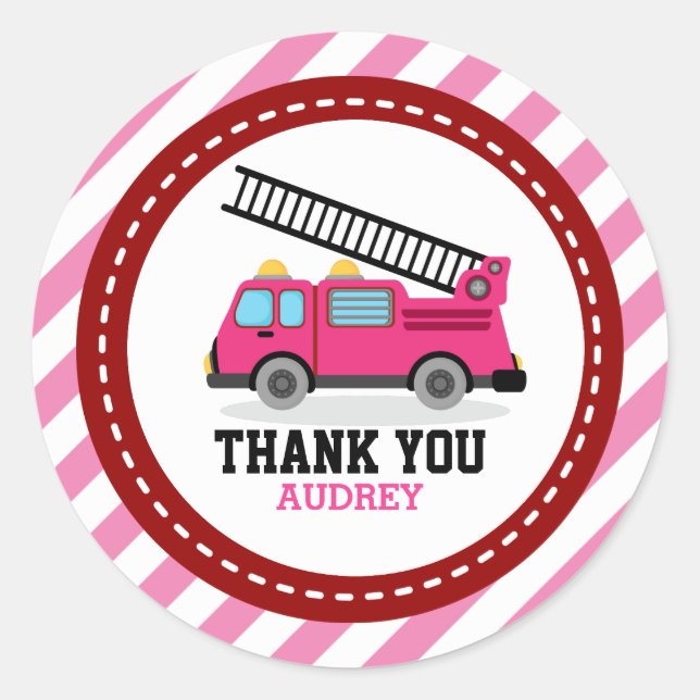Pink Fire Engine Truck Party Thank You Favour Classic Round Sticker (Front)