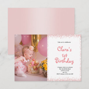 Pink First Birthday Baby Girl Photo Invitation