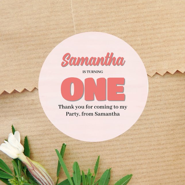 Pink First Birthday Girl Party Floral Classic Round Sticker (First Birthday Party Pink Custom Sticker)