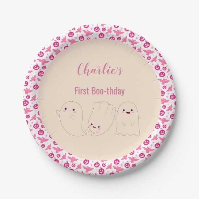 Pink First Boo-thday Halloween Ghost 1St Birthday Paper Plate (Front)