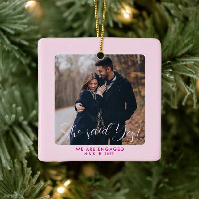 Pink First Christmas Engaged Couple Custom Photo Ceramic Ornament (Tree)