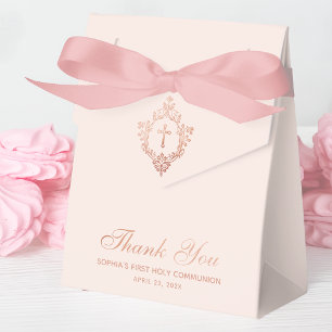 Pink First Communion Girl Elegant Rose Gold Crest Favor Box
