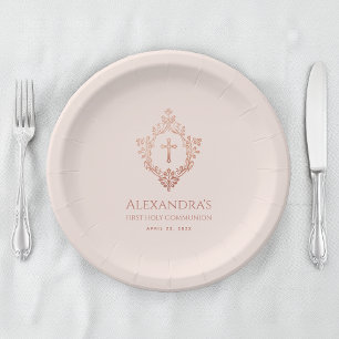 Pink First Communion Girl Elegant Rose Gold Crest Paper Plate