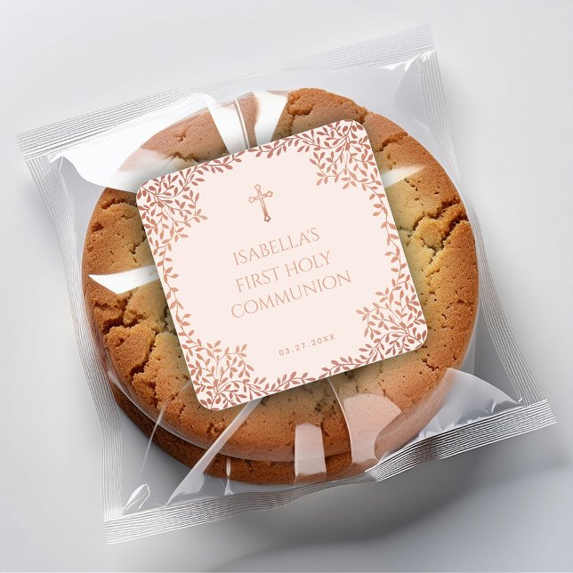 Pink First Communion Girl Rose Gold Leaves Elegant Square Sticker (Creator Uploaded)