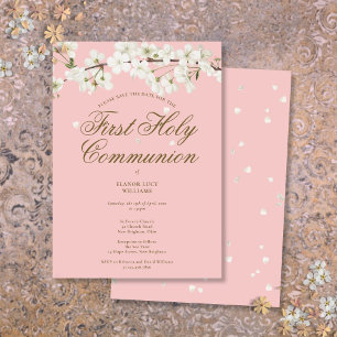 Pink First Holy Communion White Blossom Floral Save The Date