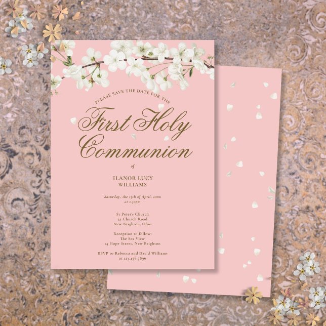 Pink First Holy Communion White Blossom Floral Save The Date (Pink First Holy Communion White Blossom Floral Save The Date)