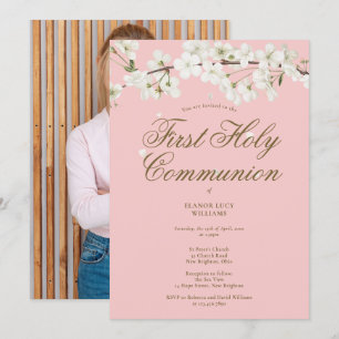 Pink First Holy Communion White Blossom Photo Invitation
