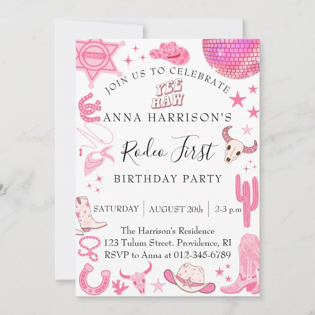 Pink First Rodeo 1st Birthday  Invitation (Front)