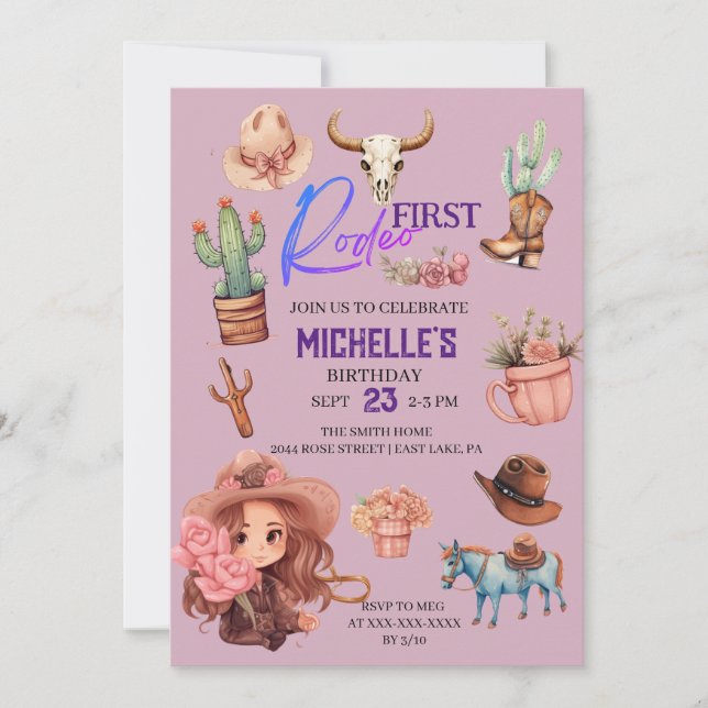 Pink First Rodeo Cowgirl Western Birthday Party Invitation (Front)