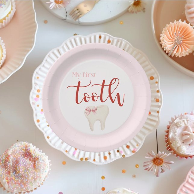 Pink First Tooth Minimalist Paper Plate (My First Tooth pink plate, with bow, for girl )