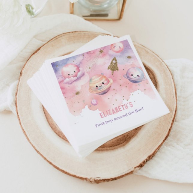 Pink First trip around the sun Space Girl birthday Napkin (Creator Uploaded)