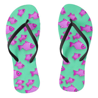 Pink fish green sea flip flops